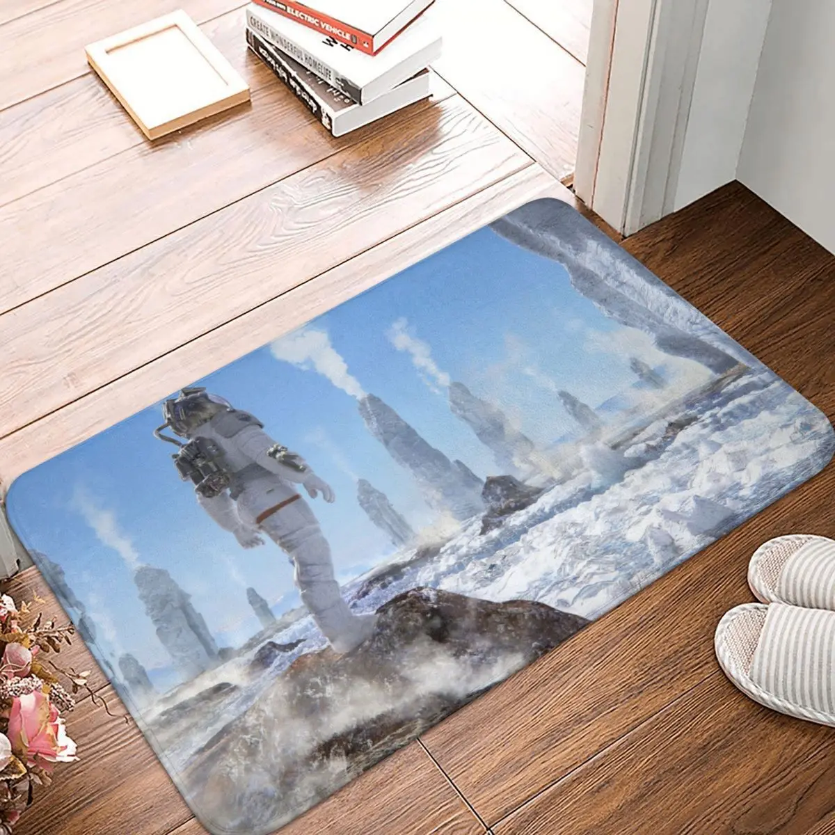 

Astronaut And Space Non-slip Doormat White Stone Bath Kitchen Mat Welcome Carpet Flannel Pattern Decor