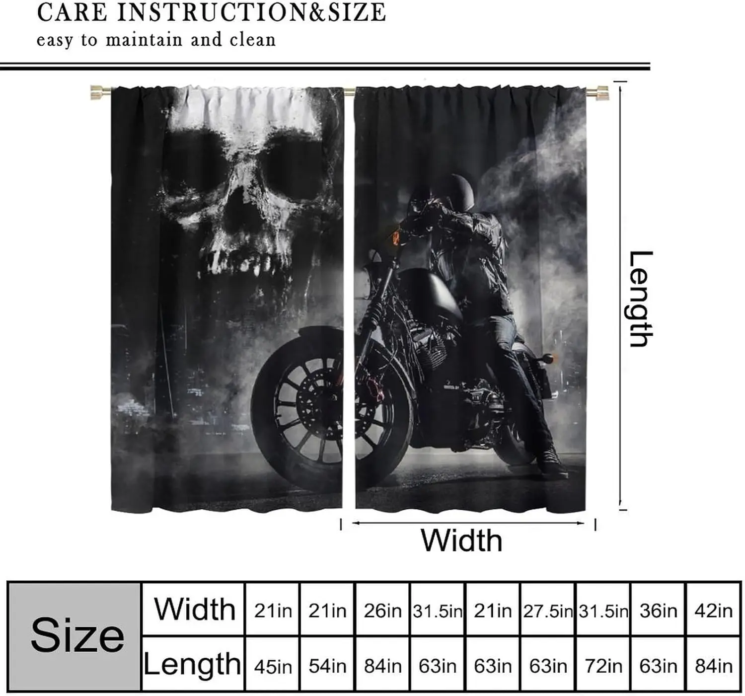 Retro Motorcycle Curtains, Horror Skull Biker Mist Black Pattern Window Treatments, Rod Pocket Thermal Insulated Drapes 2 Panel