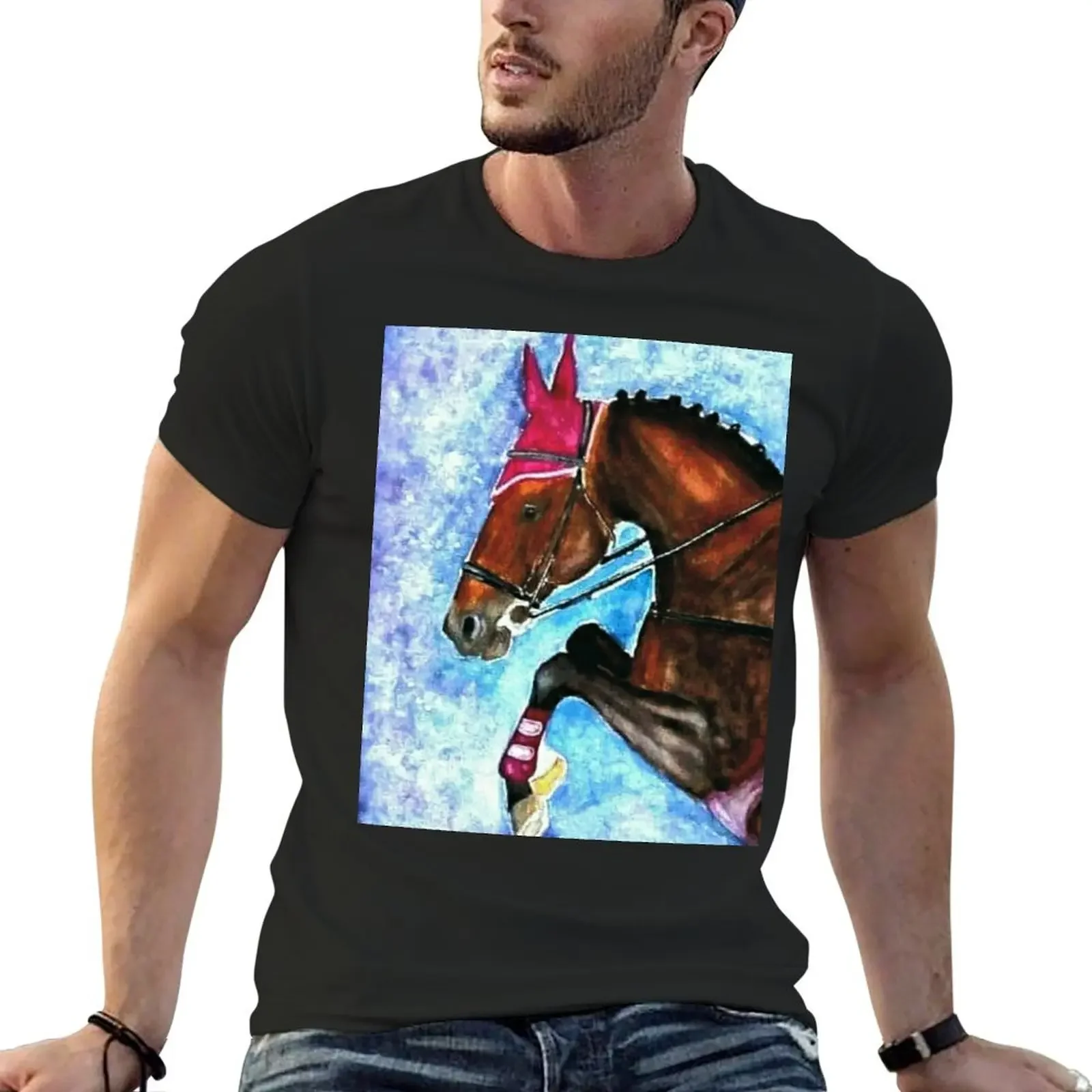 Show jumping horse portrait painting T-Shirt vintage graphic tee blanks Men's t-shirt