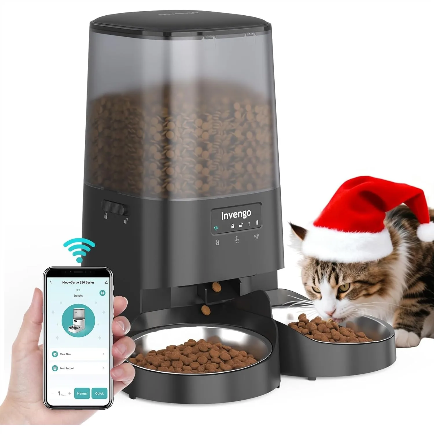 

Automatic Cat Feeder with App Control, 5L Dual Bowl, 2.4/5G WiFi, Dual Power, Anti-Jam, Stainless Steel Bowls