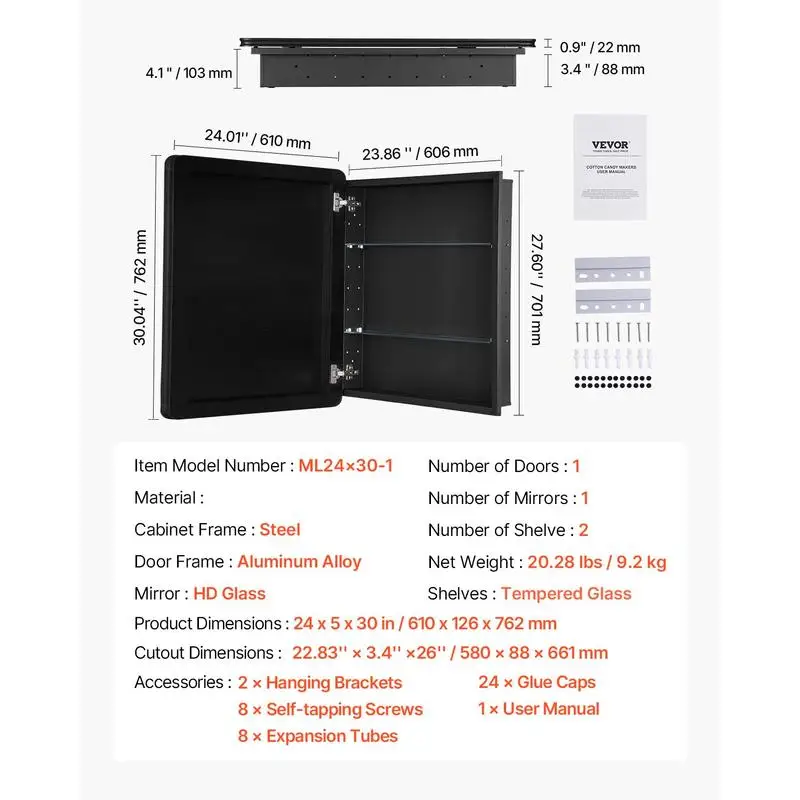 Mirrored medicine cabinet (662 x 135 x 762 mm) for bathrooms with mirrored door and adjustable glass shelves, built-in and wall mounting, aluminum frame, bathroom cabinet view 2