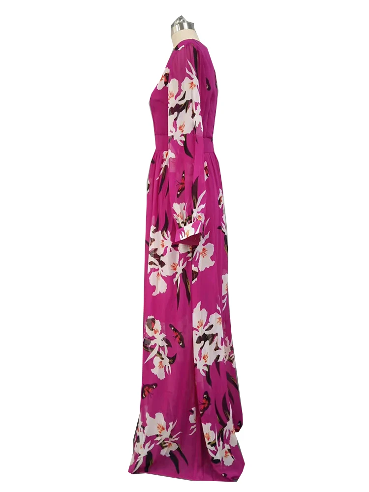 D rauuing-Robe longue à imprimé fleuri pour femme, tenue de soirée élégante, manches lanternes, nouvelle collection automne