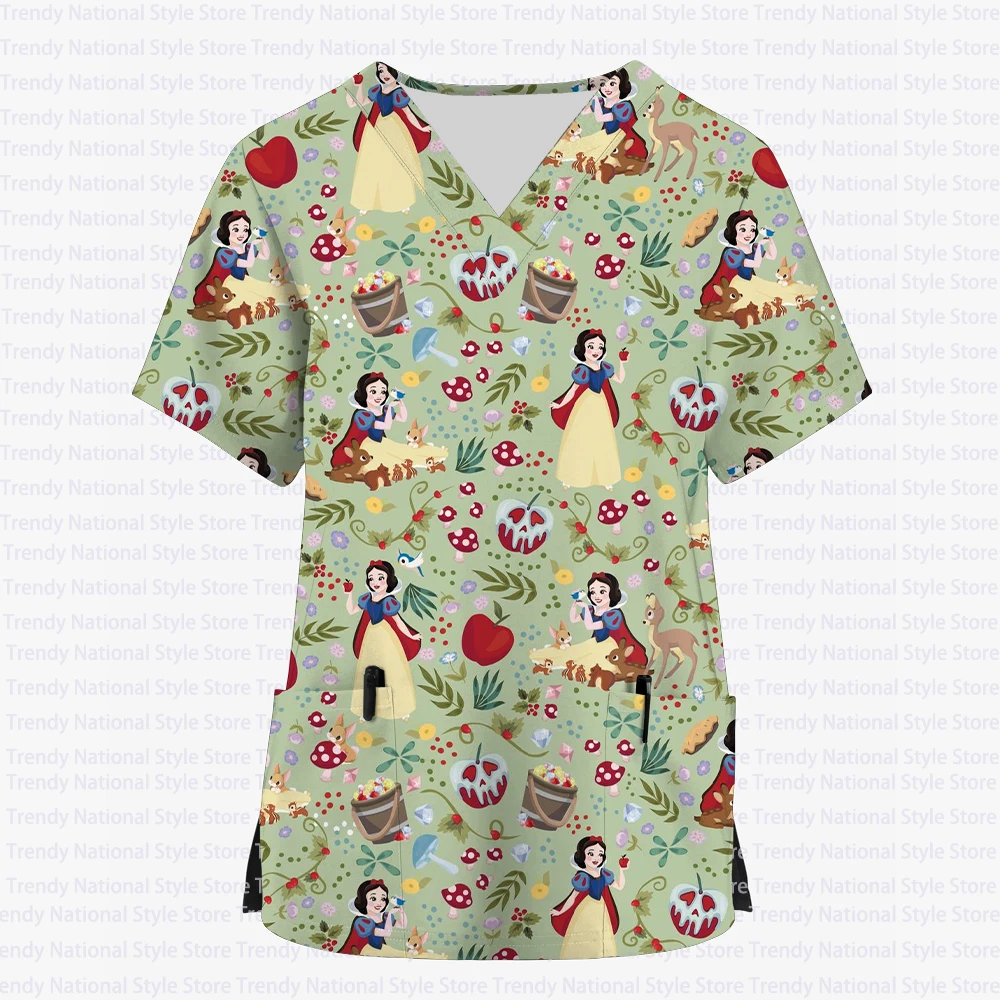 

Женский скраб с v-образным вырезом и принтом, рабочая одежда, топы, повседневная одежда для работы в стиле Дисней с цветочным принтом, клиническая одежда для кормления, футболка