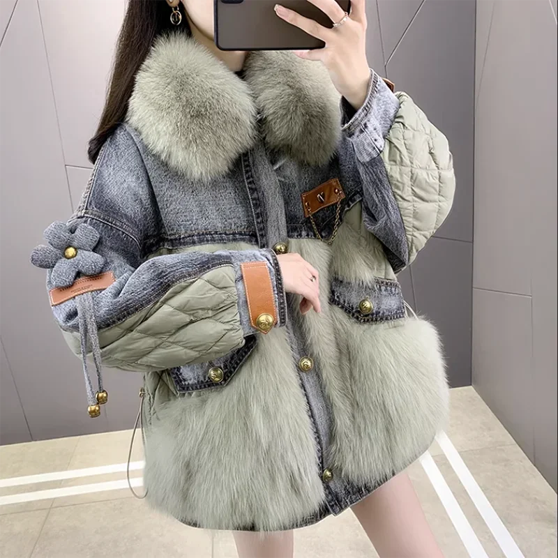 Winter Women Sewn Fur Jacket Fashion Imitation Fox Feather Down Cotton Padded Jacket Denim Jacket Short Style Overcoming Jacket