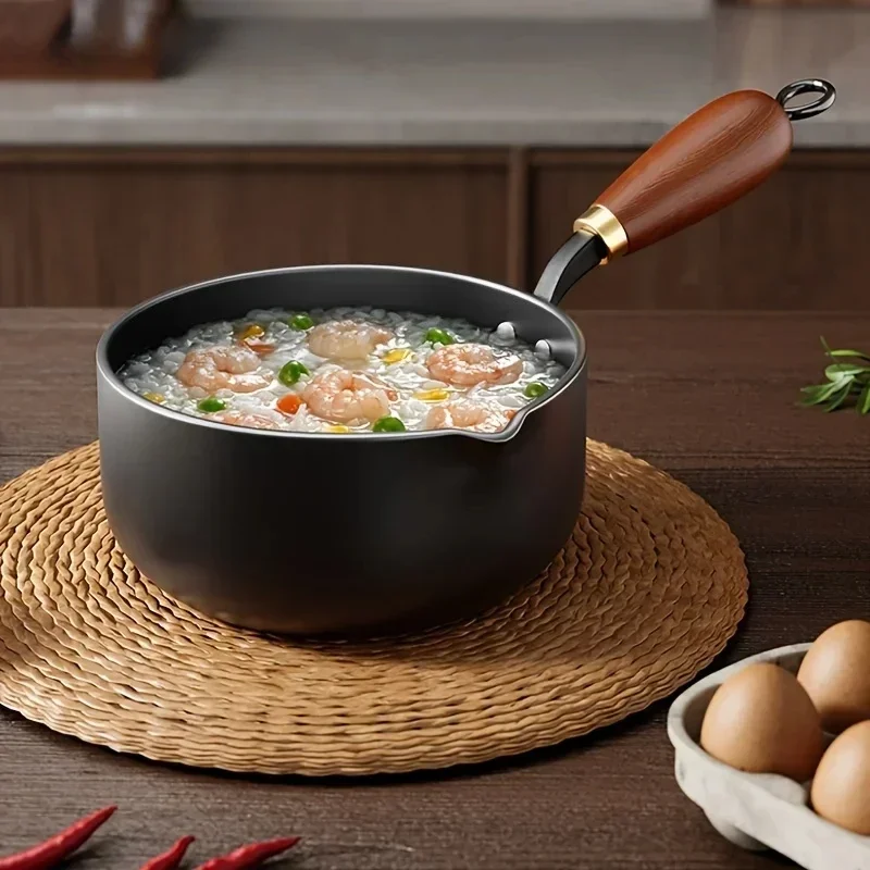 

Induction Saucepan 1L Small Milk Pot with Glass Lid & Wooden Handle, Non-Stick Coating for Boiling Milk Soup Noodles Kitchen Pot