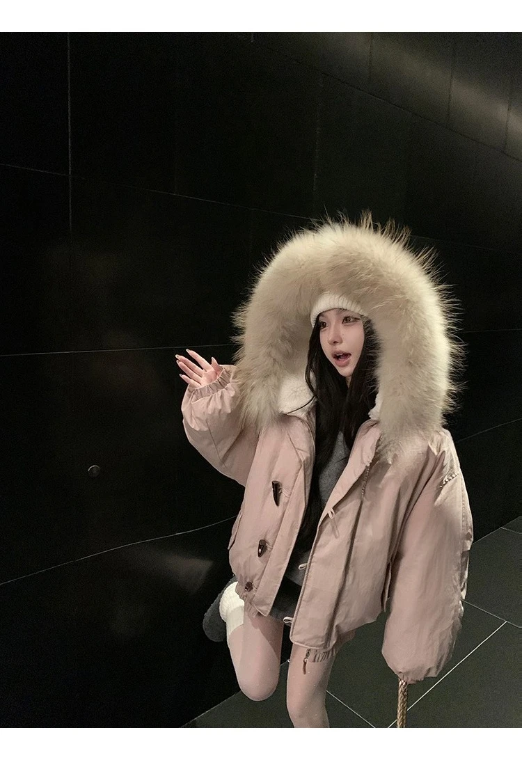 Parka corto da donna con cerniera e cappuccio con bottoni in corno e collo in pelliccia Cappotto invernale in cotone stile lavoro caldo