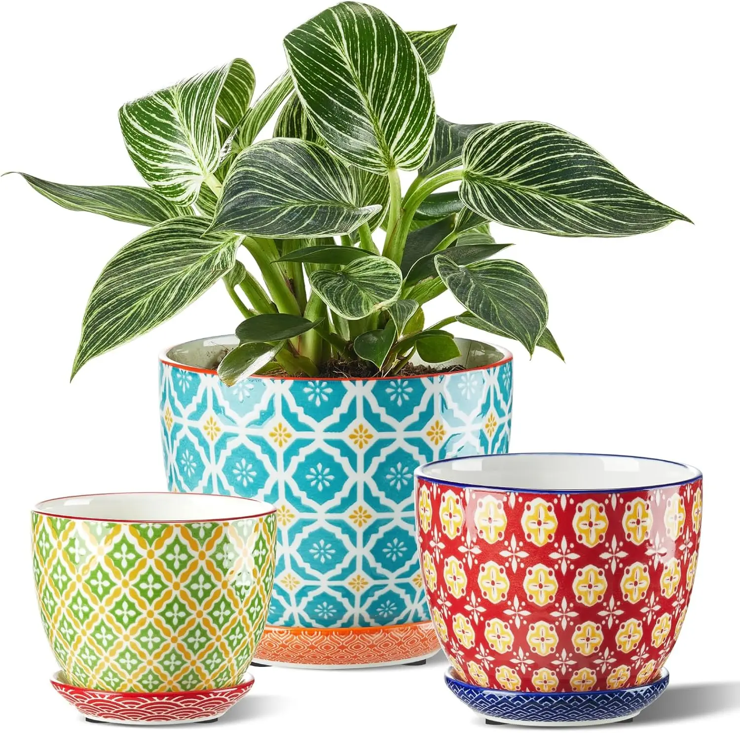 

Ceramic Plant Pots, 3.8+4.9+5.8 Inch, Set of 3 Flower Pots with Drainage Hole & Saucer, Trio Planter Pots Set for House