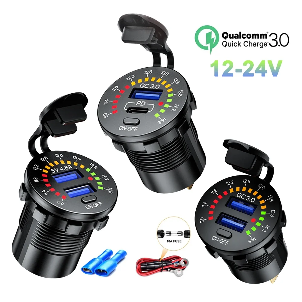 36W USB QC3.0& PD Type C Car Charger Socket with Digital Voltmeter Switch Outlet Fast Charger for 12V 24V Car Boat Truck Golf RV