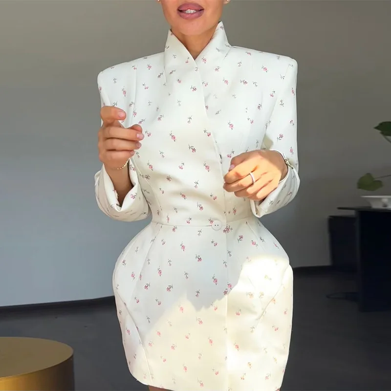 الملابس النسائية 2025 الخريف والشتاء نمط جديد مزاجه طوق طباعة الخصر cinched سترة بأكمام طويلة سليم صالح #3