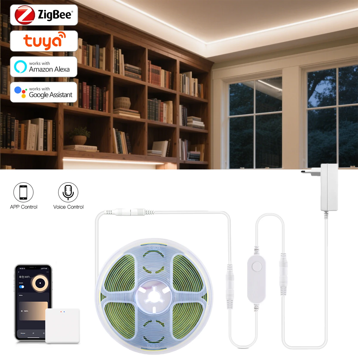 

Светодиодная лента Zigbee COB, 12 В, Tuya Smart Life, управление через приложение, регулируемая яркость, умное голосовое управление, настройка времени для Alexa/Google Assistan