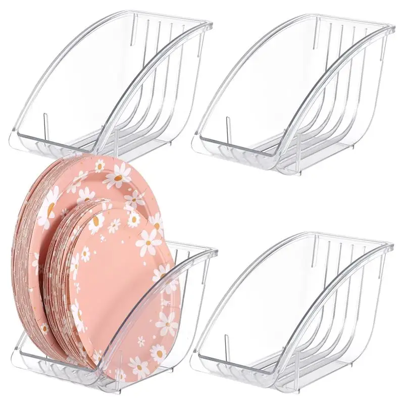 

4Pcs Paper Plate Holders Plastic Dinner Plate Organizers Dish Drainer Paper Plate Dispenser Plate Organizers for Kitchen Cabinet