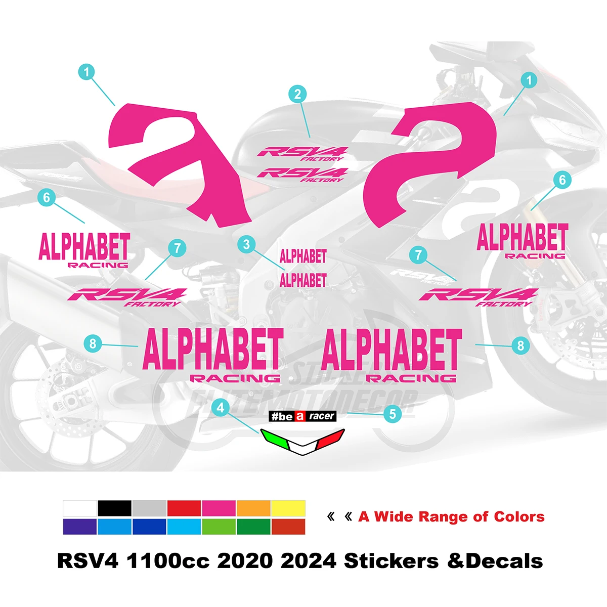 

Для Aprilia RSV4 1100 комплект наклеек 2020-2024 RS V4 индивидуальный цвет розовый обтекатель наклейка на корпус наклейка полный комплект