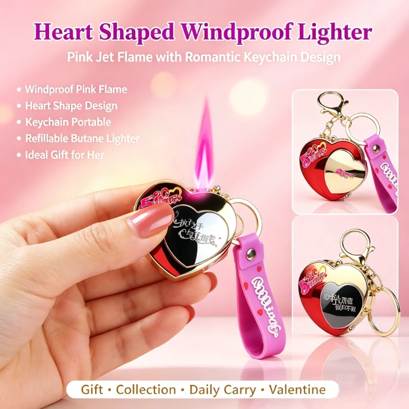 New Creative Love Pendant Jet Lighter Pink Flame Windproof Metal Butane Refillable Cool Portable EDC Gadget for Men Women