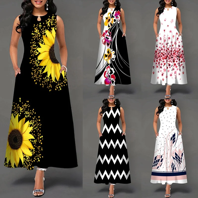 

Summer Casual Women Sleeveless Printing Floral Maxi Dress A-LINE Boho Pocket Vintage Plus Size Sunflower Flowers Dress Vestidos