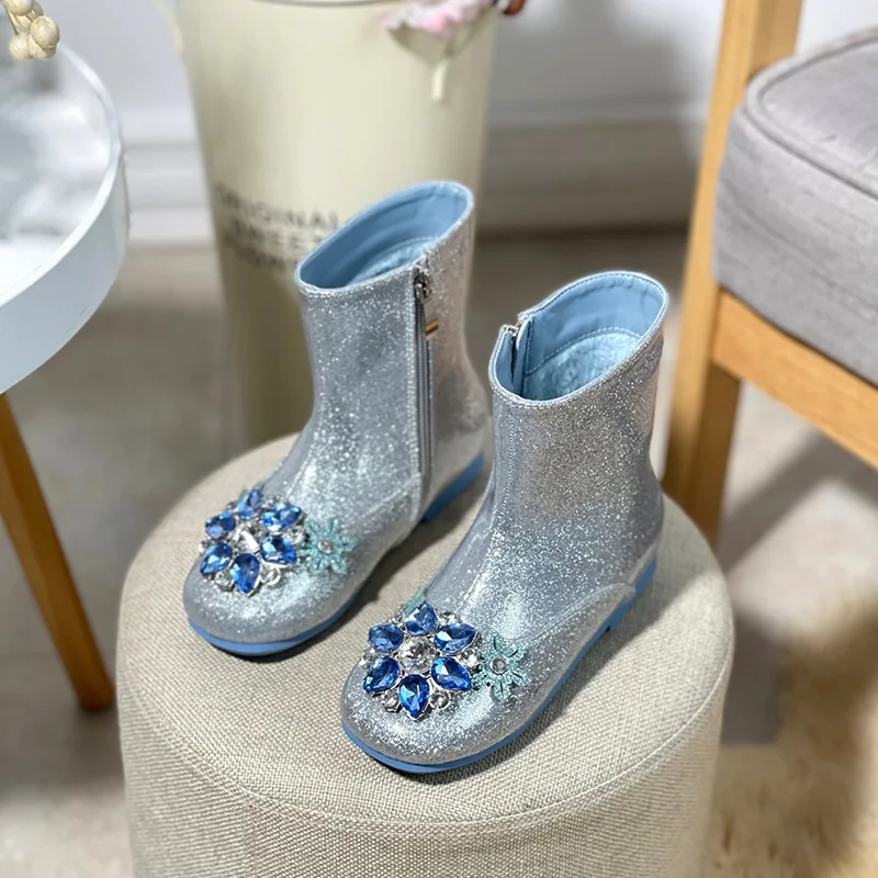Picture 3: Children's Blue Boots Girls Love Sally Princess Diamond Boots  New 2026 Autumn Winters Cuhk Children Add Wool Warm Shoes Boots