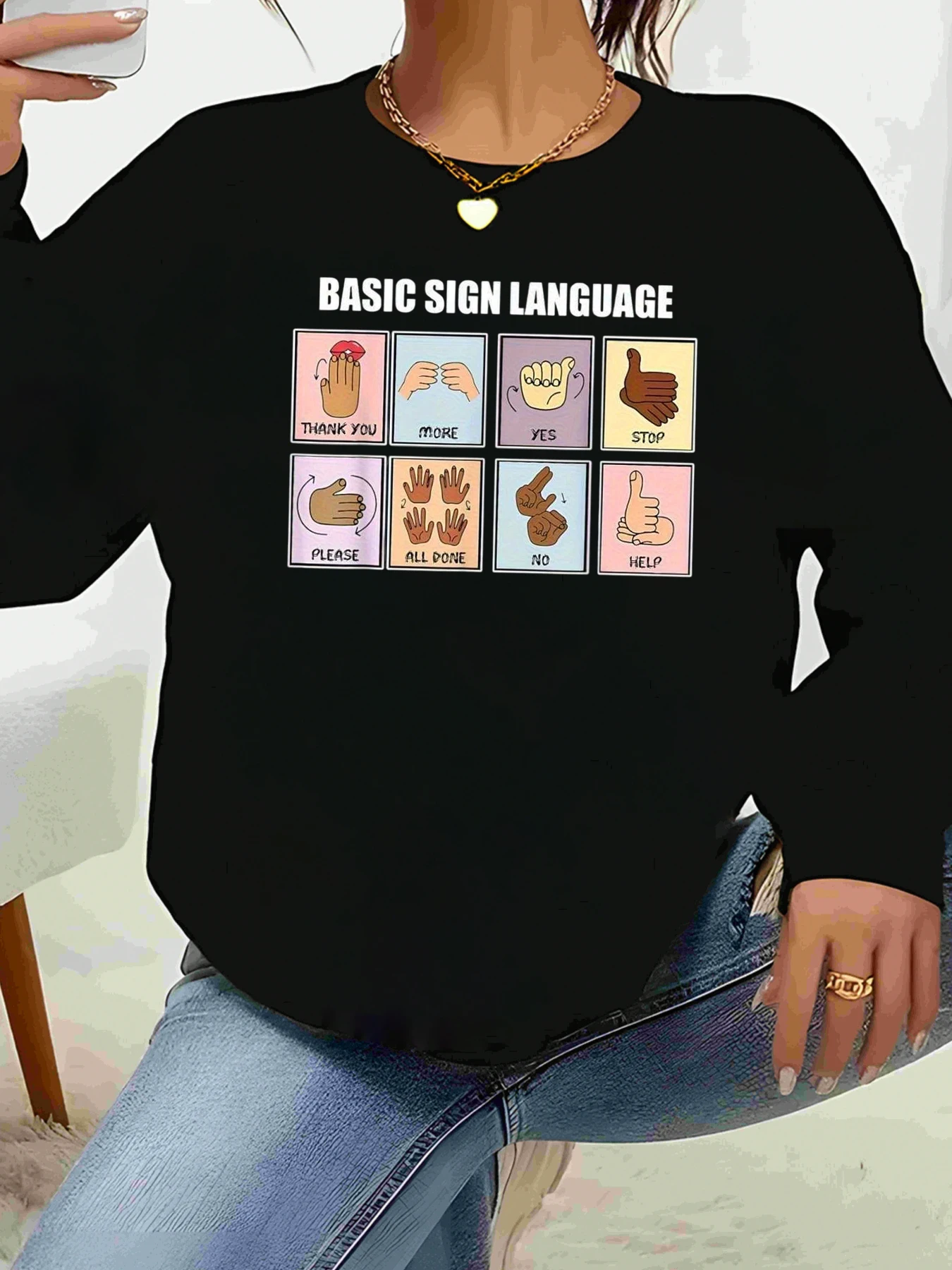 

Базовая женская футболка с длинным рукавом и принтом языков жестов, повседневная одежда, повседневная одежда