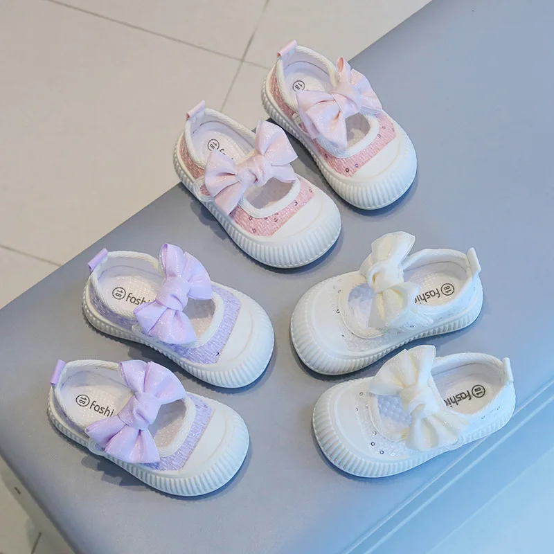 Girls Canvas Shoes Fashion Sneaker Kids Polka Dot Bow Princess Flats Breathable Baby Shoes Student Soft Sole Casual Spring Shoes