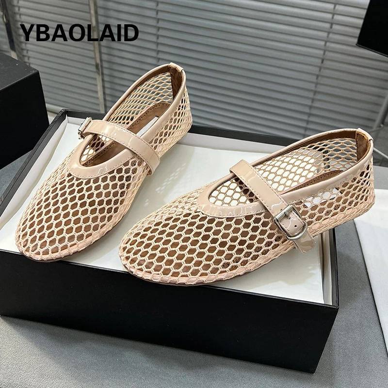 

New Arrival Metal Decor Elastic Band Mesh Hollow Out Ballet Flats Shoes Women Shallow Mouth Buckle Strap Cozy Leisure Fairy Shoe