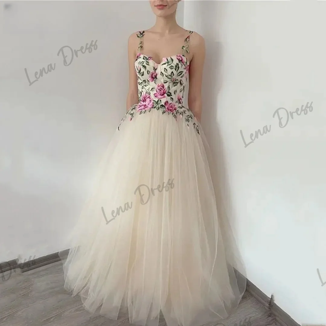 Lena-Flower embroidered ball dress with thin shoulder straps, white sheer A-shaped wedding evening dress Vestido De Festa