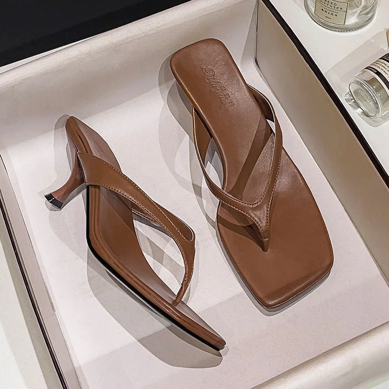 New Ladies Fashion Square Toe Thin High Heel Sandals Sexy Women Leather Slip On Slippers Leisure Comfortable Lady Flip Flops S35