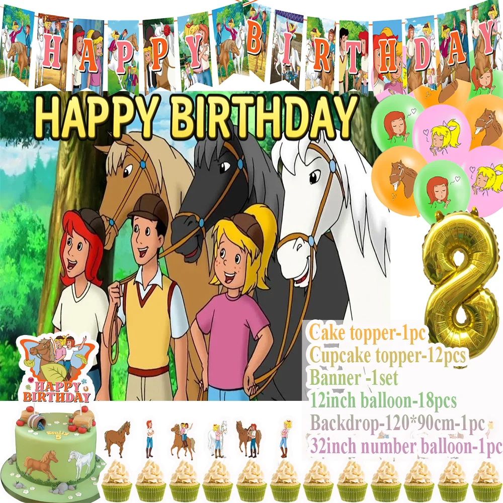 

Cartoon Bibi and Tina Theme Birthday Party Supplies Balloon Movie Horse Background Cupcake Topper Banner Baby Shower Supplies