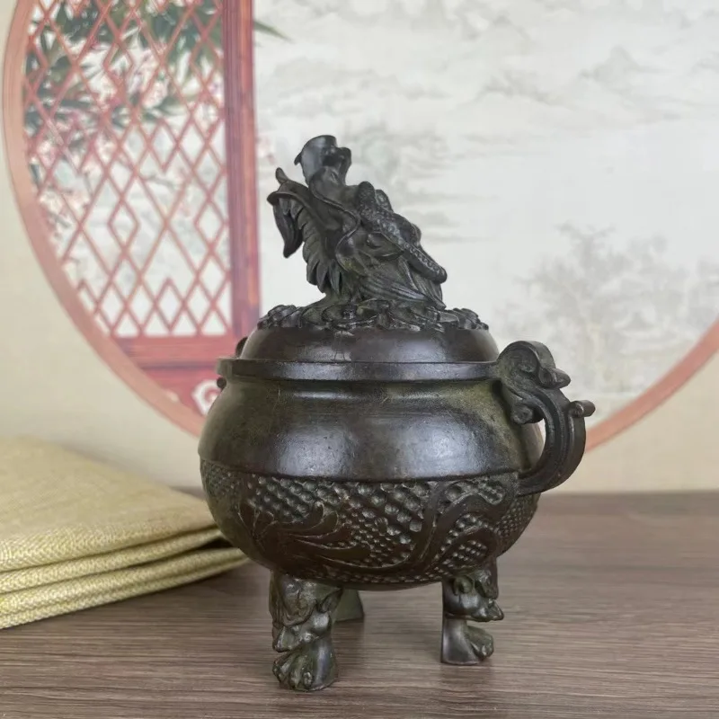 Antique Style Bronze Incense Burner Dragon Top Ornate Handle Three Foot Oriental Desktop Meditation Aroma Holder Decor
