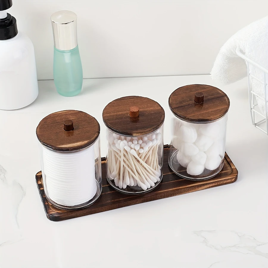 Transparente Badezimmer-Aufbewahrungsbehälter, 3er-Set, 10 oz, für Wattestäbchen/Wattebällchen/Wattepads, mit Kosmetiktablett, Qtip Apotheker-Glas – Detail 3