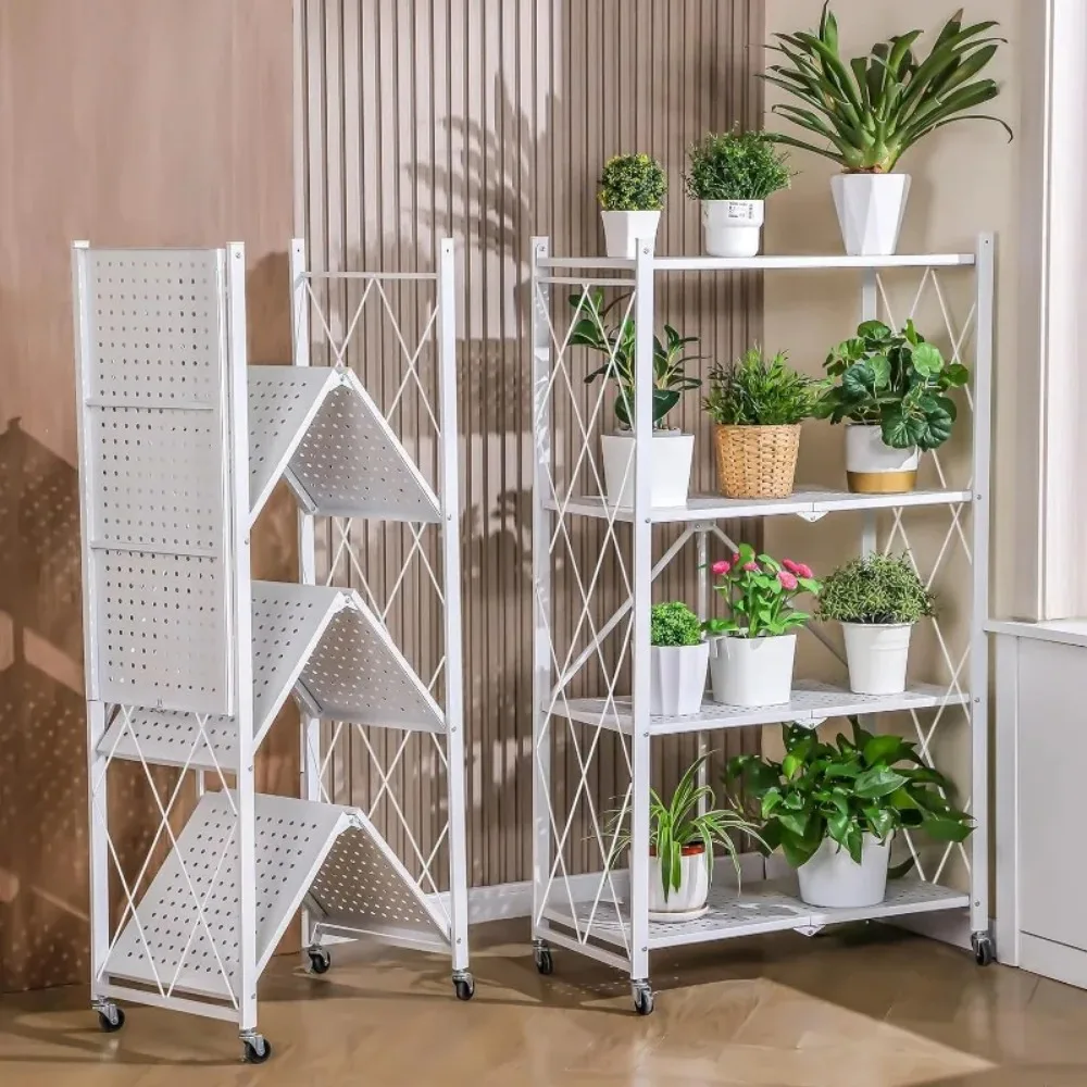 Foldable Metal Storage Rack Multifunctional Living Room Shelf Multilayer Installation Free Kitchen Organizer Trolley Bookshelf