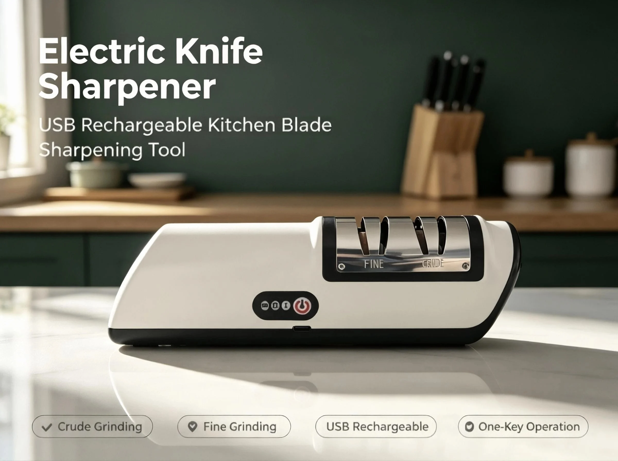 Electric Knife Sharpener USB Rechargeable, Dual Mode Crude & Fine 2-Stage Kitchen Blade Sharpener, Cordless One-Key Operation Ho