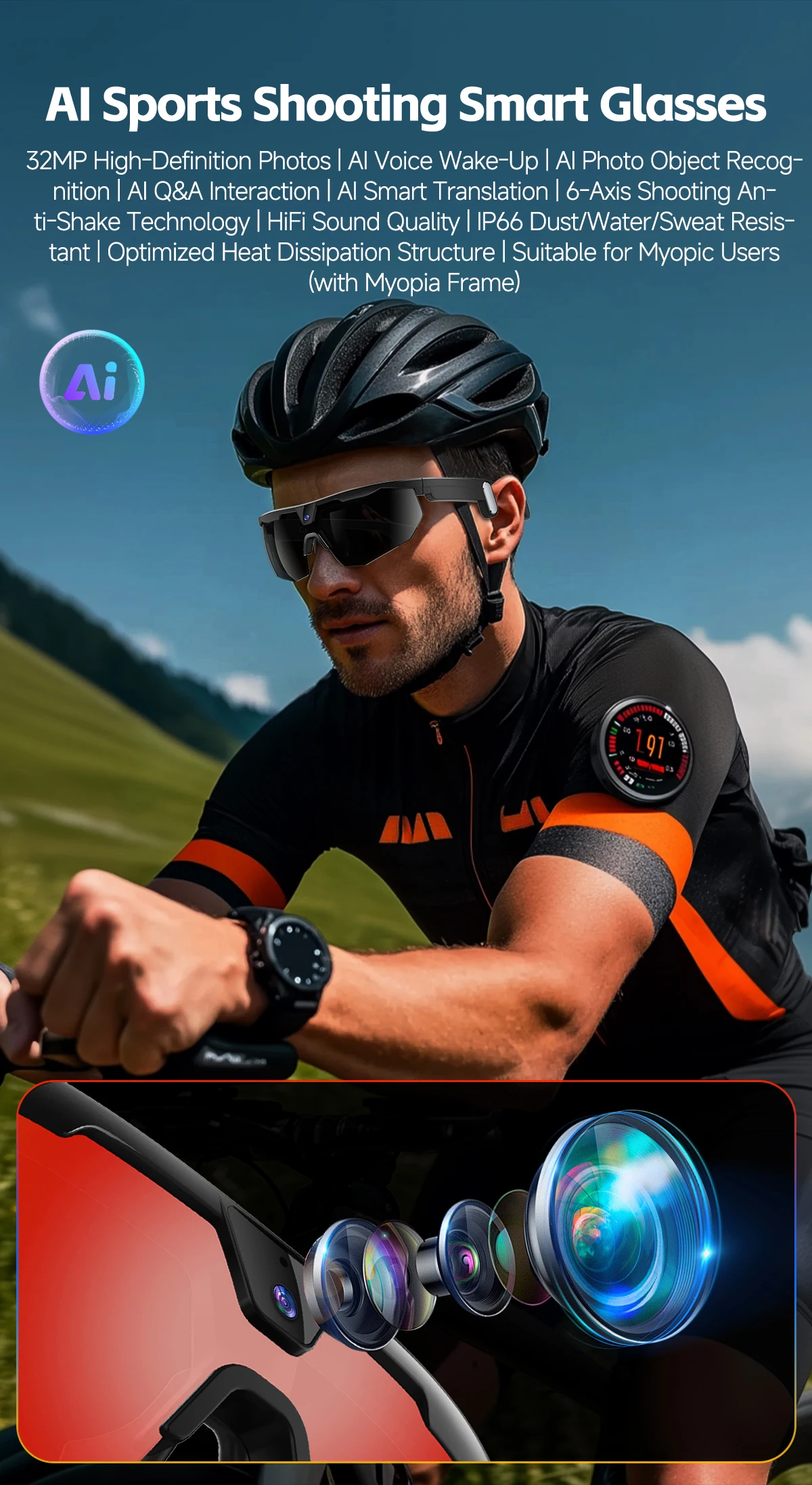 Outdoor Sports Sunglasses 2026 New Smart Cycling Glasses BT Call AI Translation AI Conversation 32MP HD Photo 8MP HD Camera