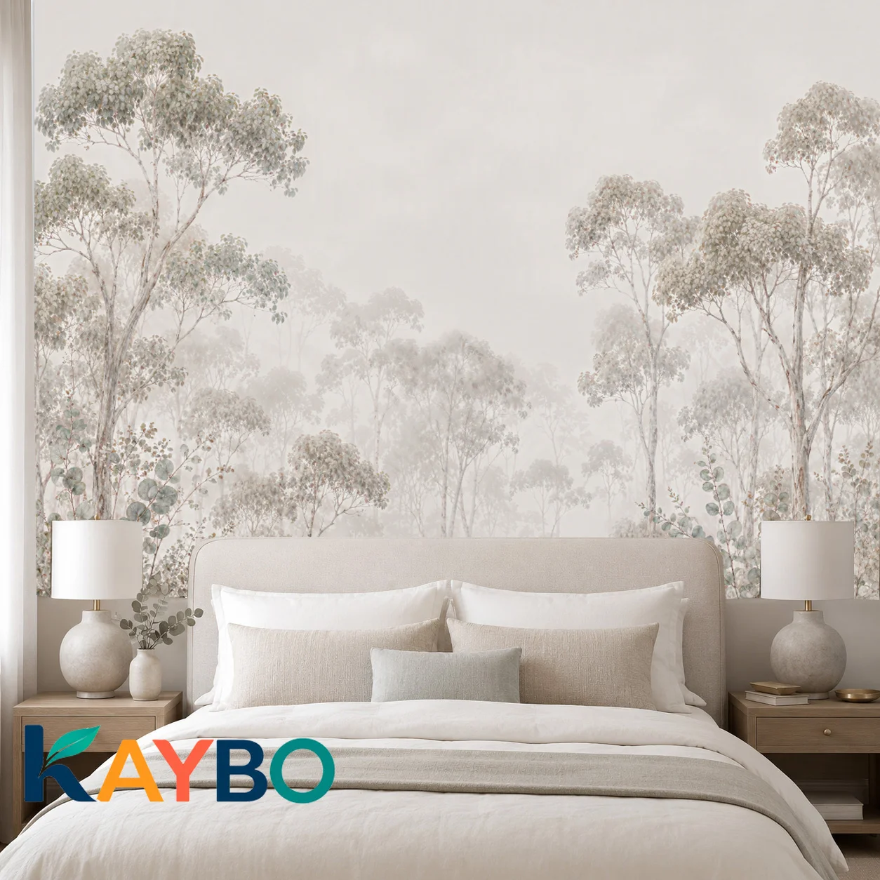 Beige Eucalyptus Forest Wall Mural Wallpaper Soft Watercolor Woodland Accent Wall Living Room Bedroom Decor Paste Required