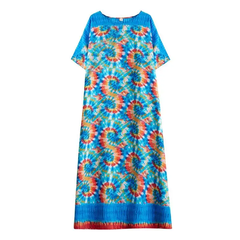 Short Sleeve Plus Size Vintage Floral Loose Midi Long Pleated Dresses Women Casual Maxi Summer Dress Ladies Boho Vestidos Beach