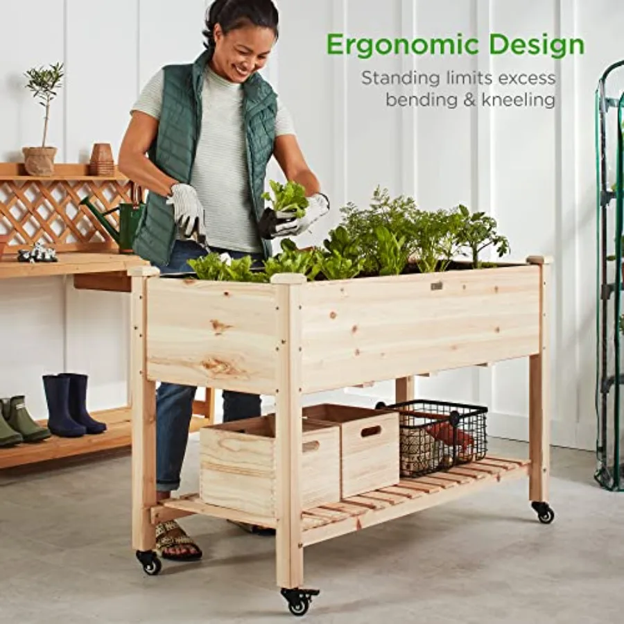 Raised Garden Bed for outdoor use, cedar wood, natural color, mobile with lockable wheels and storage shelf