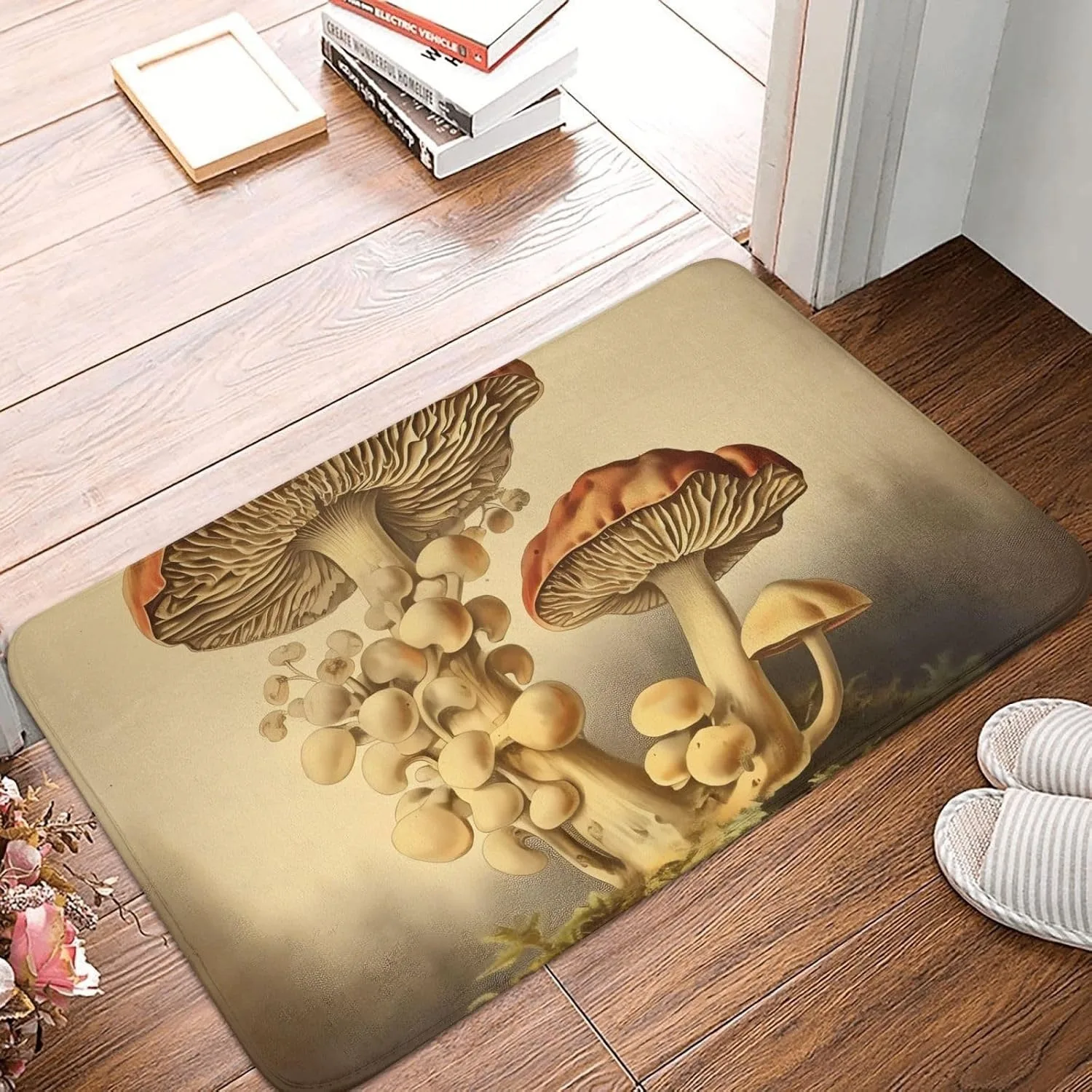 Vintage Hand Painted Wild Mushroom Forest Floral Flannel Floor Mat Home Decor Carpet Rug Soft Cozy Washable Non Slip