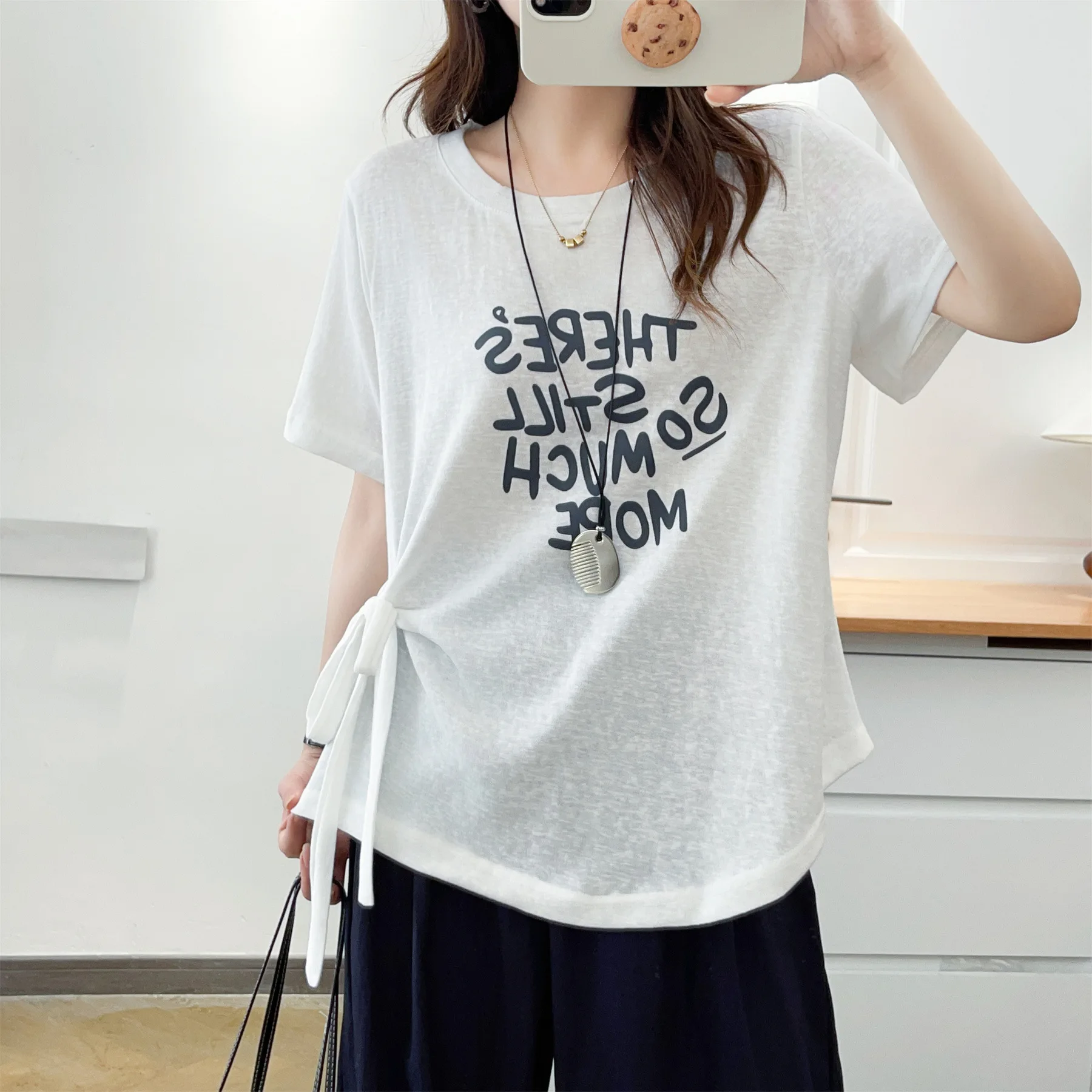 

2026 Summer Plus Size Letter Print Short Sleeve Tied Waist Slimming Casual T-shirt Tops For Curvy Ladies 6051