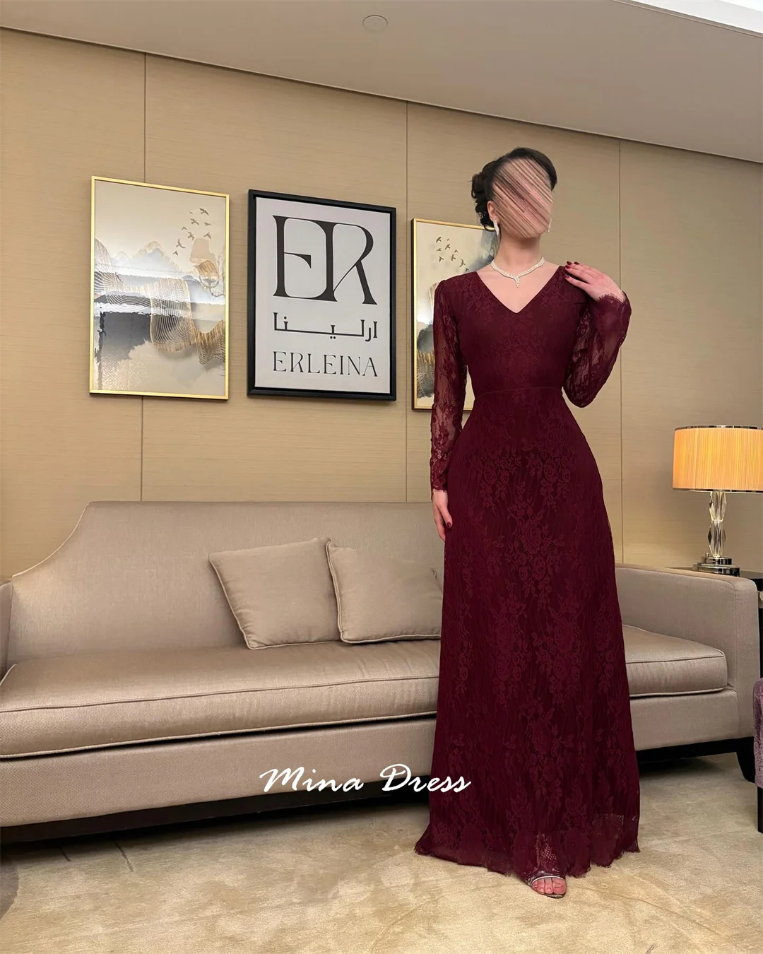 Mina Aangepaste wijnrode avondjurk Luxe elegante formele damesjurken voor speciale gelegenheden V-hals met lange mouwen Feest