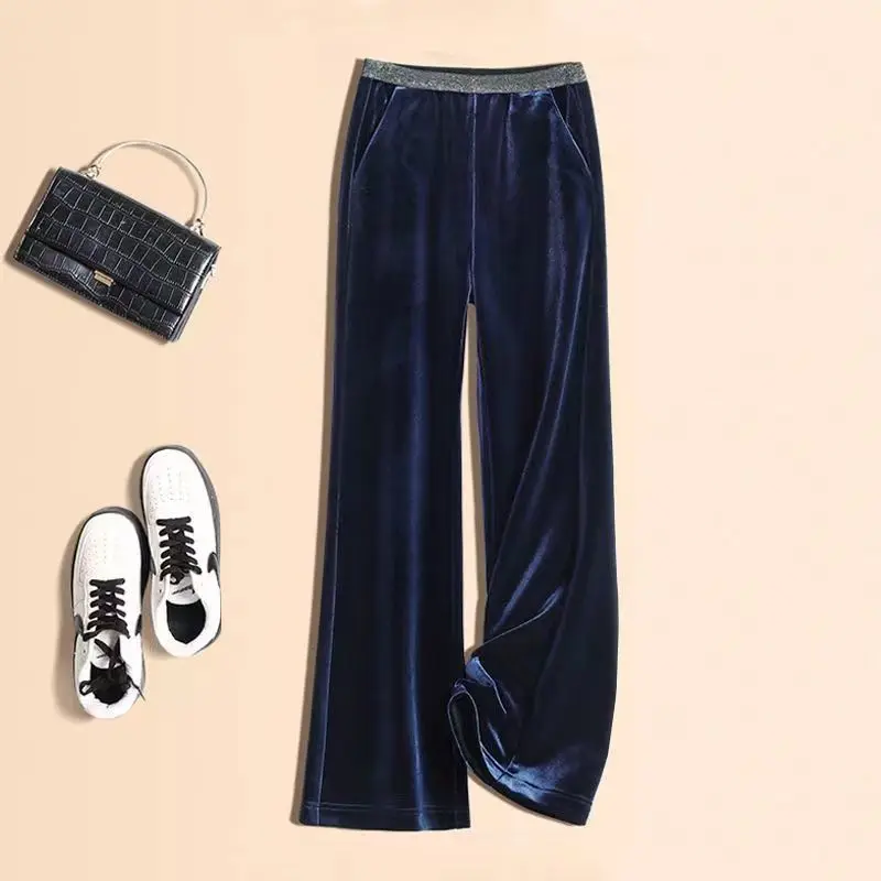 Blue Velvet Wide Leg Pants Women's High Waist Drapey Straight Leg Floor Length Velvet Micro Flared Trousers Autumn 2026