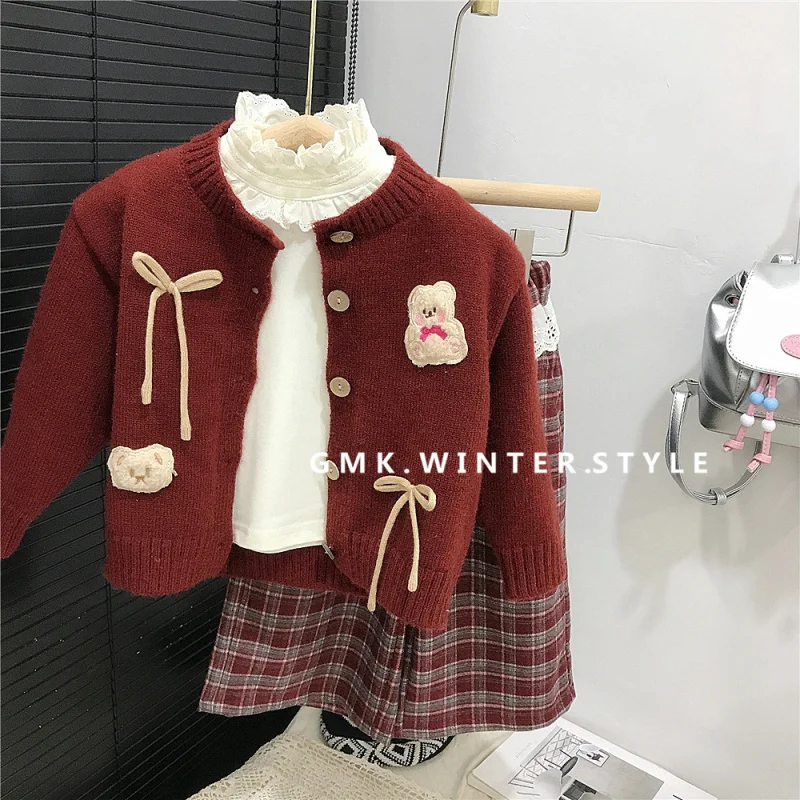 Girls Autumn Bow Sweater Coat New Children's Autumn Knitted Cardigan Top Plaid Casual Pants