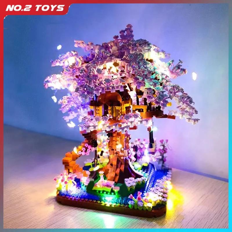 Sakura Flower Treehouse Lake Island Villa DIY Model Micro Building Block Creative Street View Brick Blocks with Lights Kid Toys