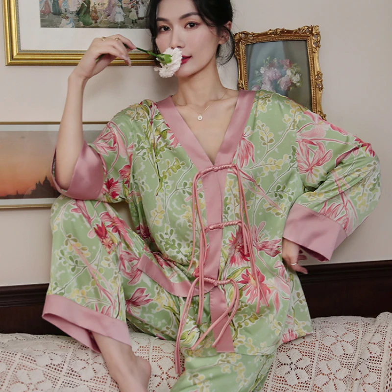 High-grade Chinese Style Button Satin Pajamas Leisure Ice Silk Home Clothes Niche Design Women Long-sleeved Trousers Sleepwear