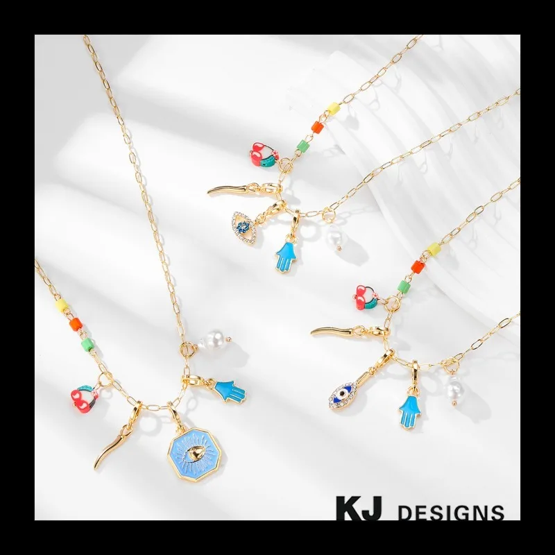 Devil's Eye Geometric Metal Pendant Necklace Women's Fashion Star Moon Enamel Necklace