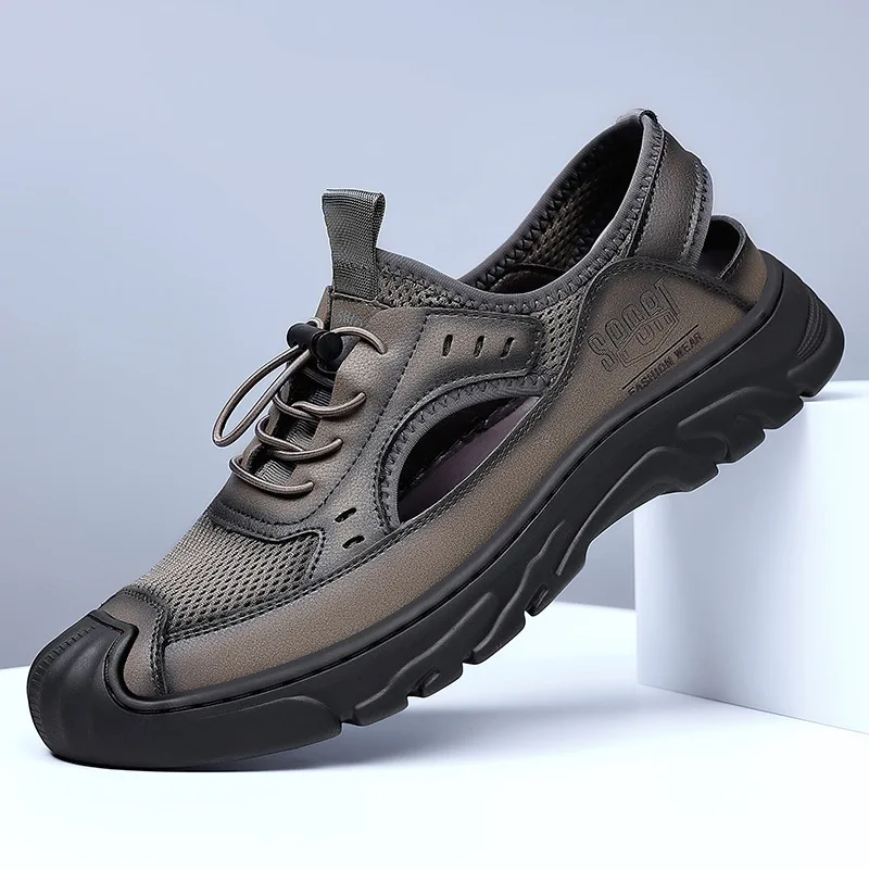 

Elastic Band Hallow Men's Sandals 2026 Summer New Retro Soft Sole Leather Sandals Male Fashion Casual Roman Beach Shoes Man