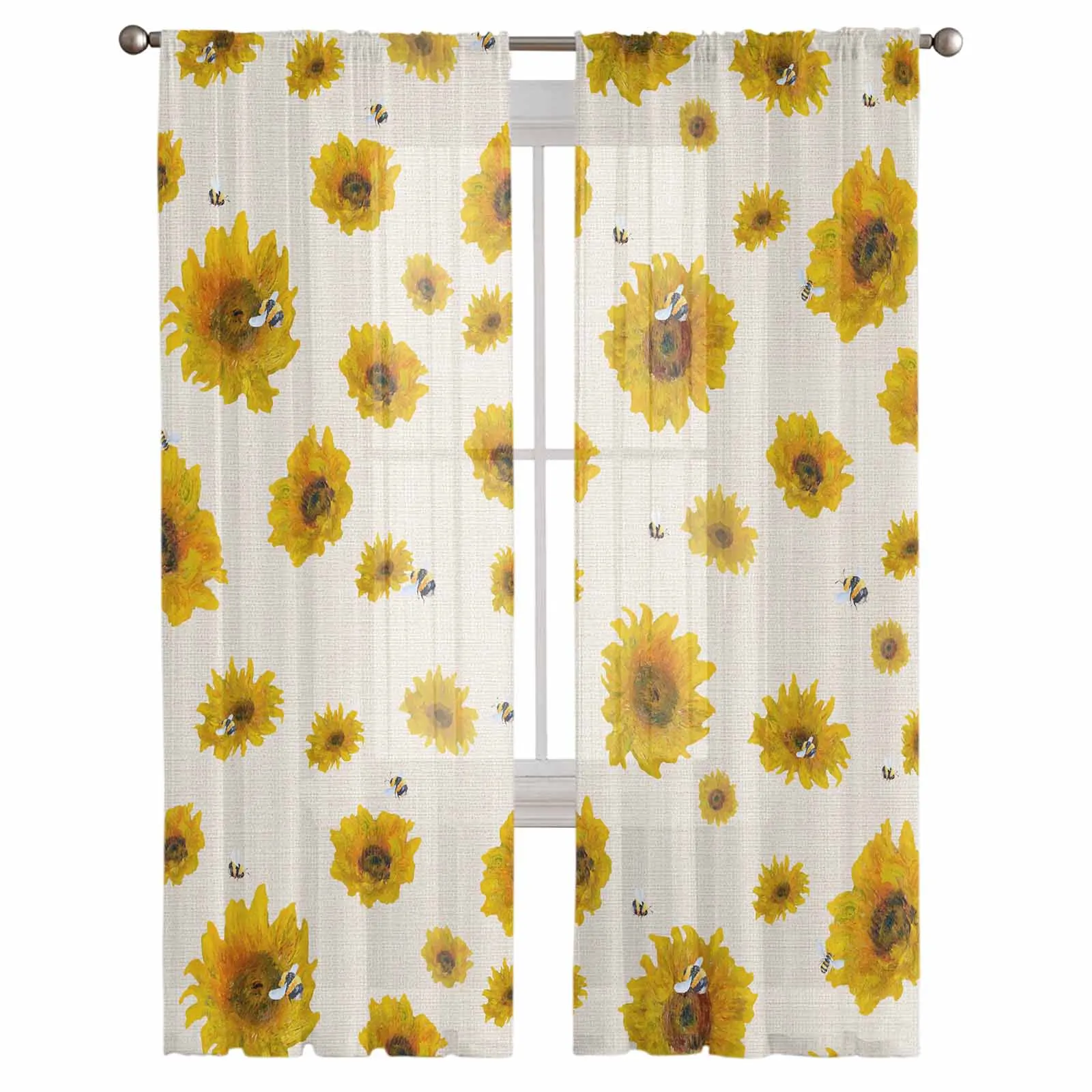 Sunflower Bee Oil Painting Sheer Tulle Curtains for Living Room Valance Curtains Kitchen Bedroom Window Voile Drapery