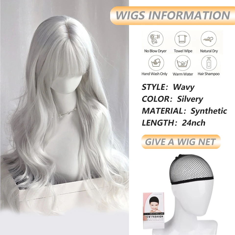 Long Wavy Silvery White Wigs with Bangs Synthetic Lolita Cosplay Natural Wigs for Women Daily Party Halloween Wig Heat Resistant