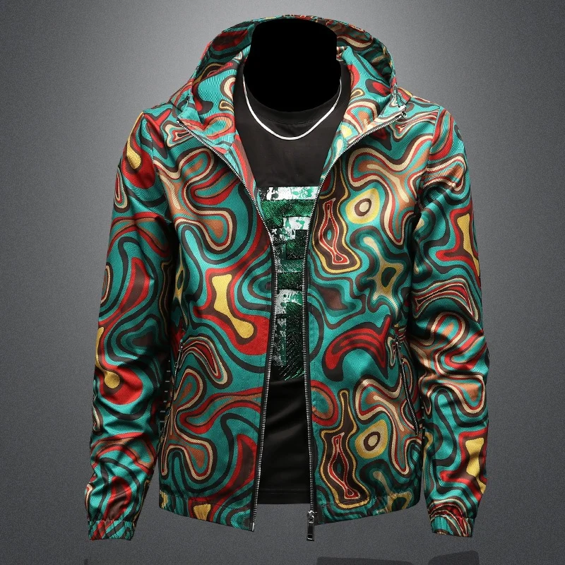

2025 New Men's Casual Jaet High Quali Print Faionable Hooded Slim Fit Versatile Autumn Season Polyester Fiber Long Sve