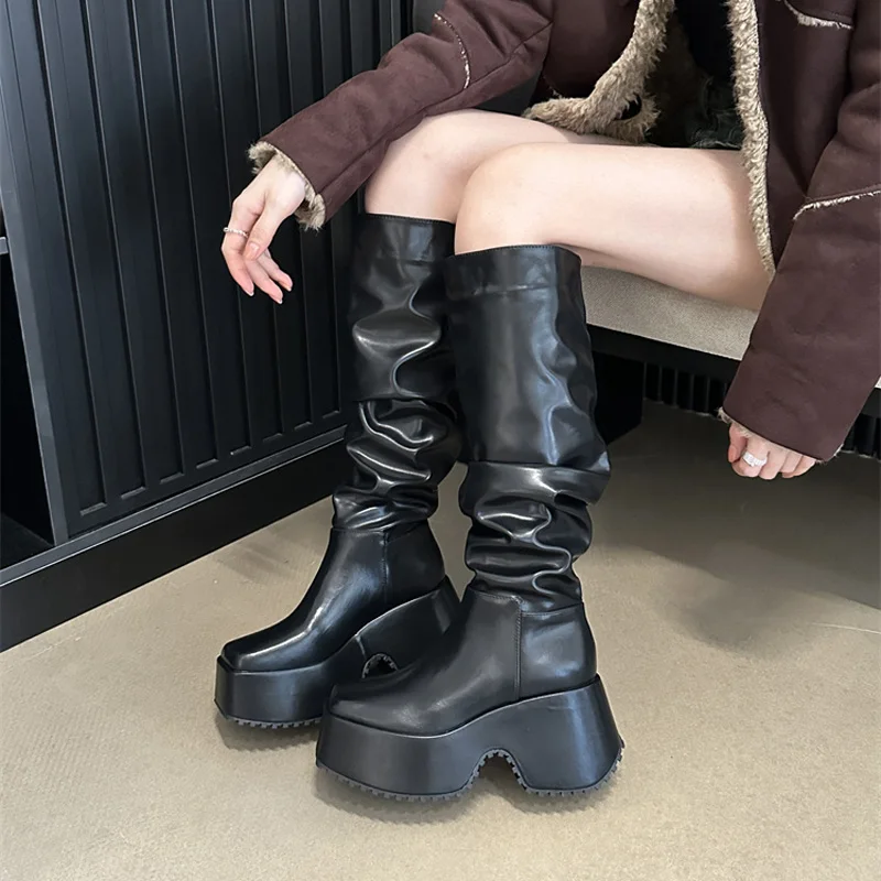 

Black Block Heel Boots Platform Women Square Toe Wedges Boots Knee High Long Boots Fall Punk Chunky Shoes Botines Mujer