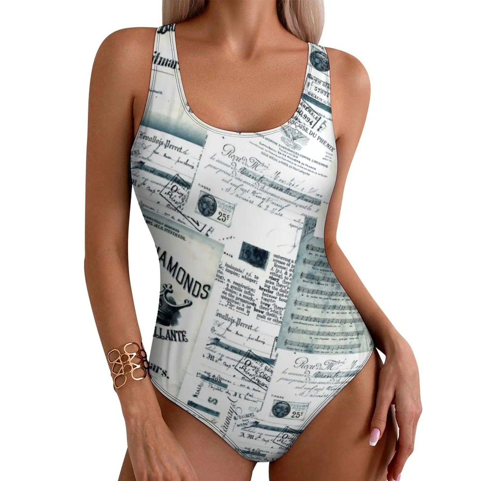 Newspaper Artwork Swimsuit Sexy Vintage Black White Women Swimwear One Piece Sweet Swimsuits Fitness Push Up Backless Monokini
