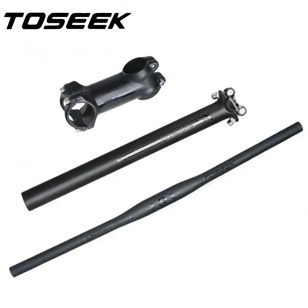 TOSEEK Black Matte Carbon Fibre Bicycle Bars Sets MTB Handlebar Seatpost Stem For Mountain Bike Parts