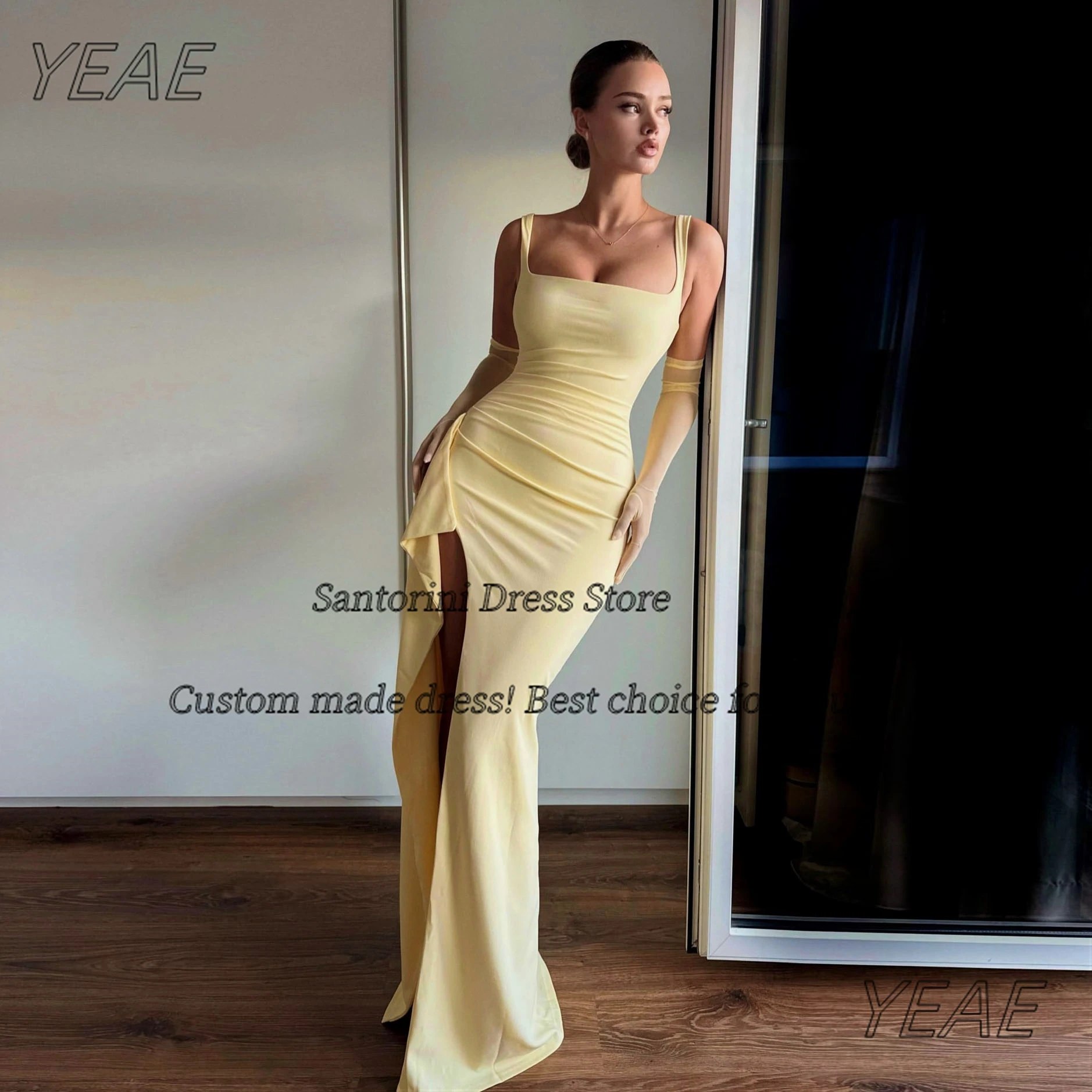 

Santorini Prom Dresses 2025 Ruched High Side Slit Sexy Evening Dress Zipper Back Wedding Party Bridesmaid Wear Customized