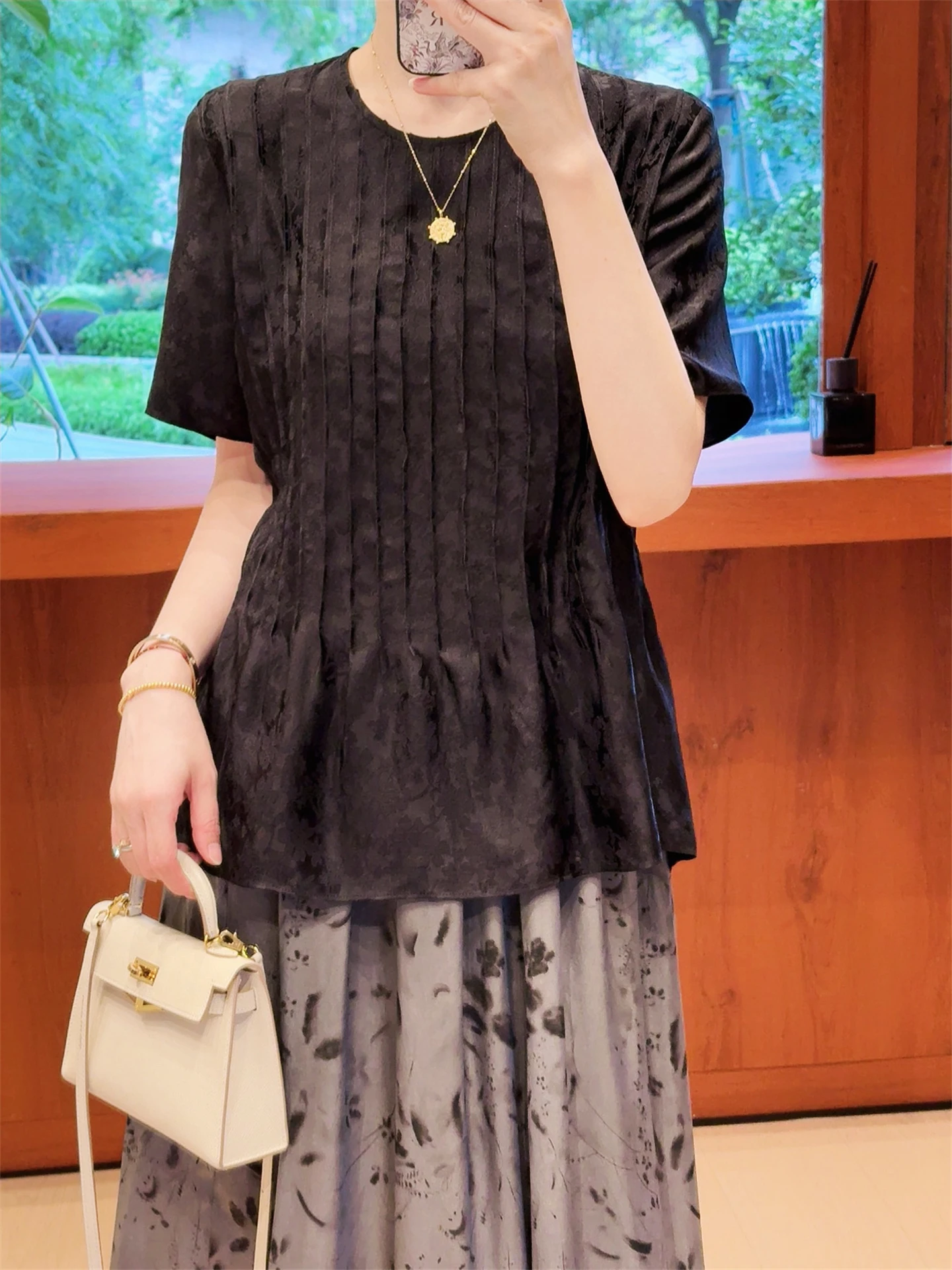 Petite Silk Shirt Pleated Waist Slimming Floral Pattern Two Colors Commute Straight Cut Short Sleeve round Neck Regular Length